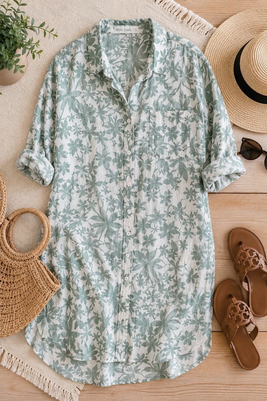 Real Fresh 100% Cotton Floral Shirt Dress – Size L